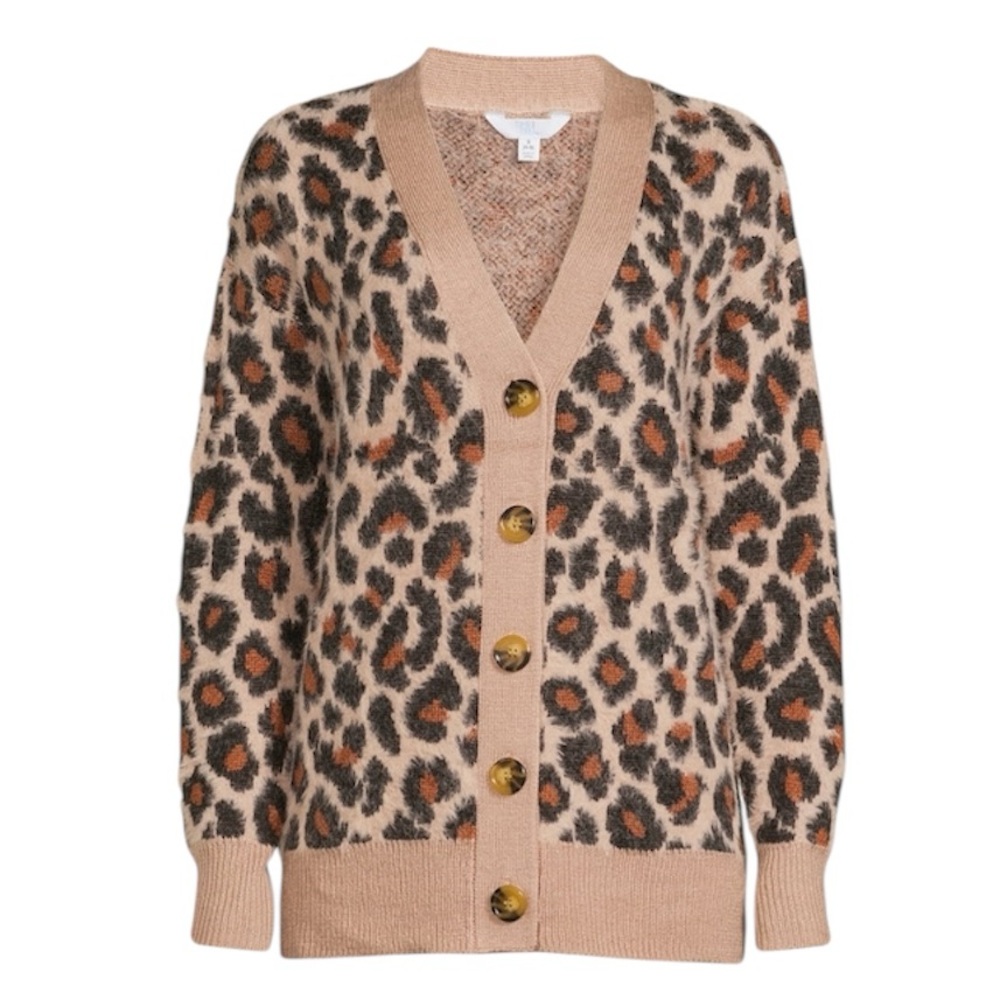 Time and Tru Eyelash Fuzzy Knit Animal Print OVERSIZED Women’s Cardigan 0-2 NWT